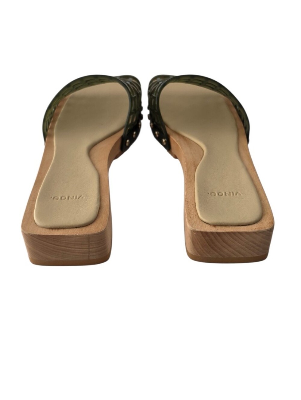 VINCE Chive Wood Slide Sandals Olive Cage Leather Size 9 M - Picture 7 of 9